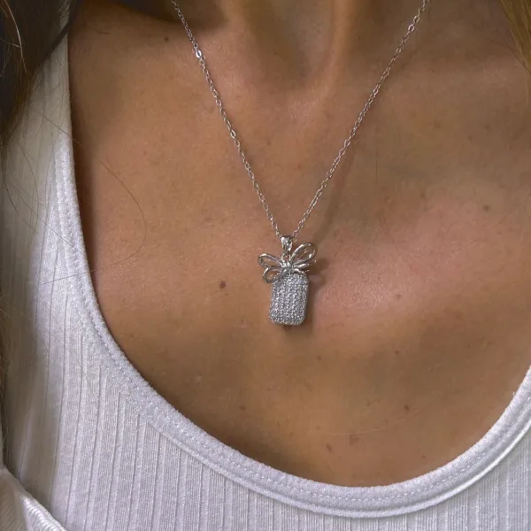 Çelik Gümüş Renk Taşlı Fiyonk Kolye