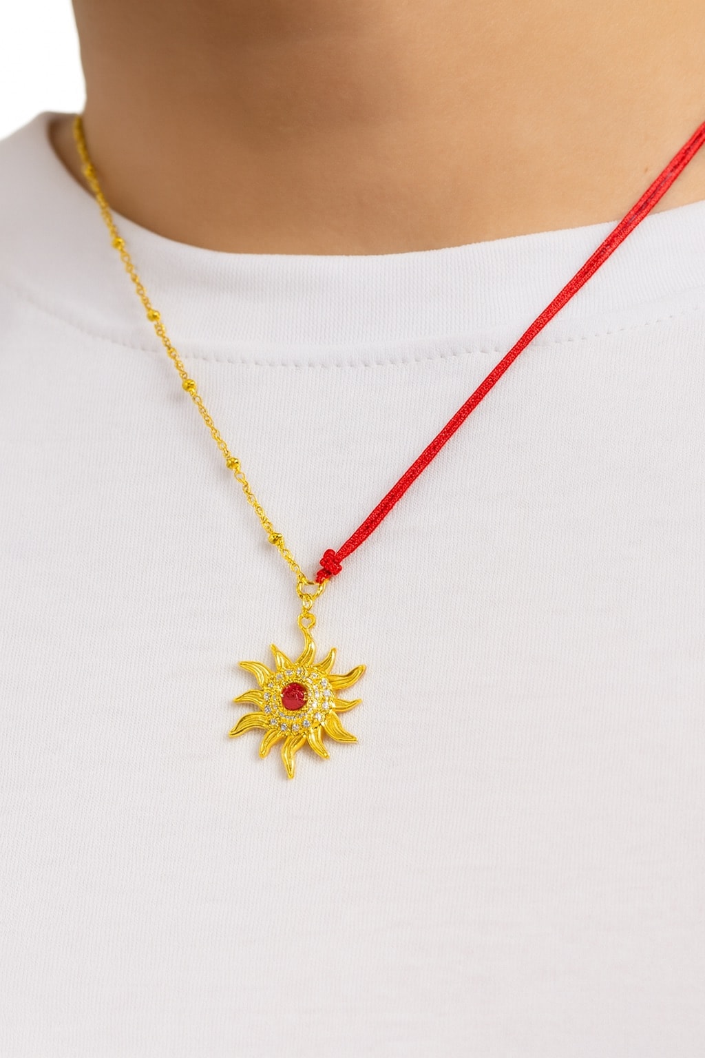 image_1950 Çelik Kırmızı İp Güneş Kolye - Görsel 1