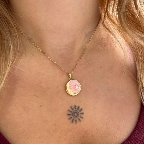 Çelik Pembe Ay Gece Kolye