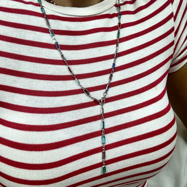 Gümüş Renk Uzun Renkli Taş Y Kolye