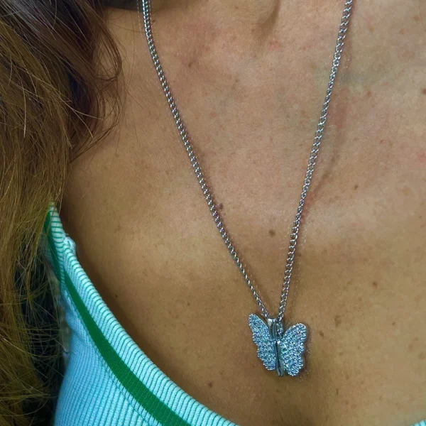 Çelik Gümüş Renk Açılır Kelebek Kolye 50 cm