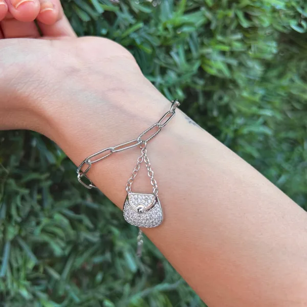Çelik Gümüş Renk Taşlı Çanta Bileklik