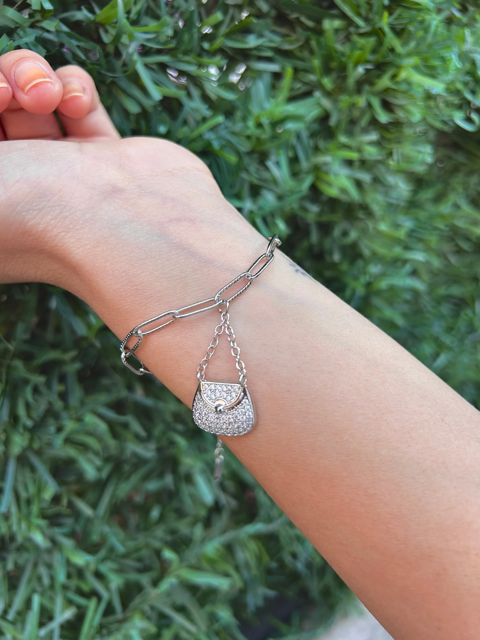 image_1950 Çelik Gümüş Renk Taşlı Çanta Bileklik - Görsel 1