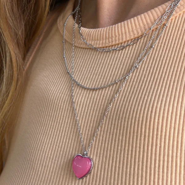 Çelik Çoklu Pembe Kalp Kolye