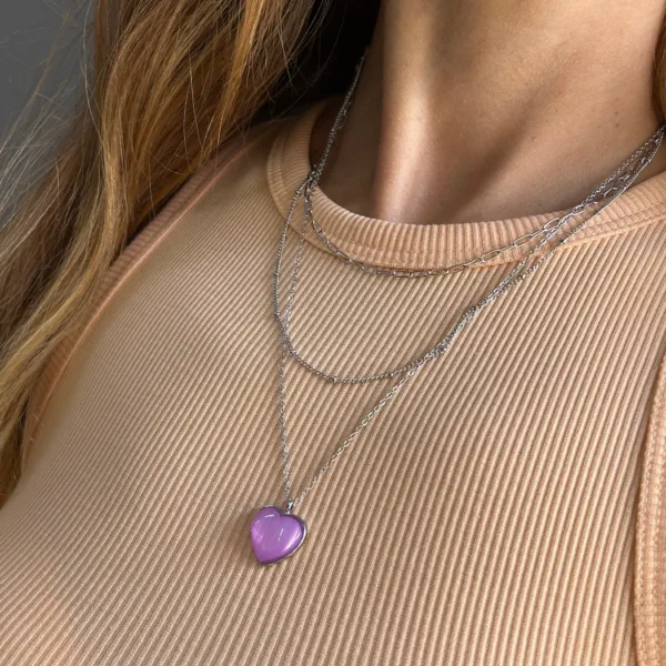 Çelik Çoklu Lila Kalp Kolye