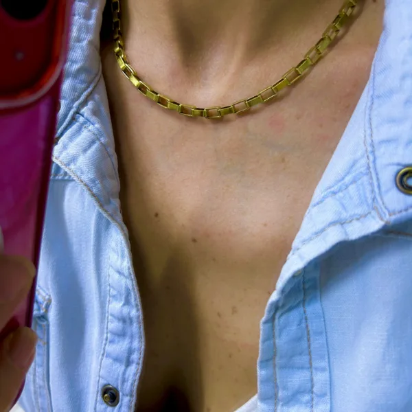 Çelik Kalın Küp Zincir Kolye Gold