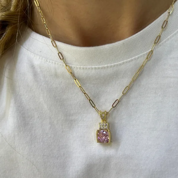 Çelik Ataç Zincir  Pembe Baget Taşlı Kolye