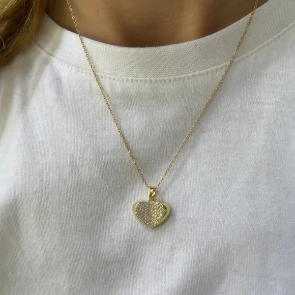 Çelik Kabarık Taşlı Kalp Kolye