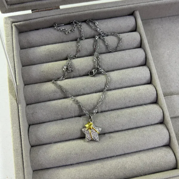 Çelik Gümüş Renk Singapur Zincir Taşlı Yıldız Kolye