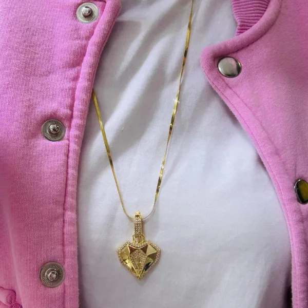 Çelik Uzun  İtalyan Zincir Taşlı Kalp Charm Kolye