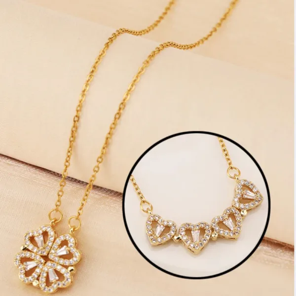 Çelik Mıknatıslı Birleşen Kalp Yonca Kolye gold