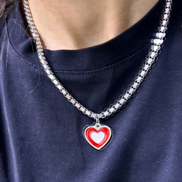 Çelik Gümüş Renk Kalın Zincir Kırmızı Kalp Kolye
