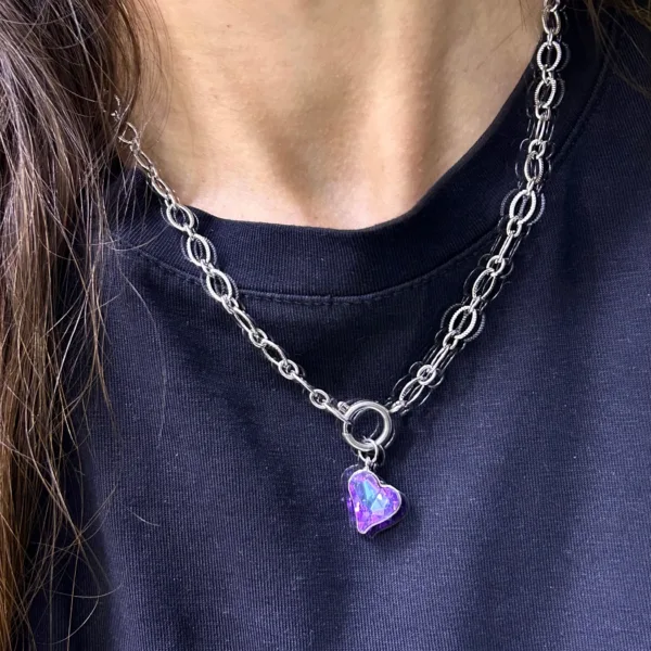 Çelik Gümüş Renk T kilit Mor Hologram Kolye