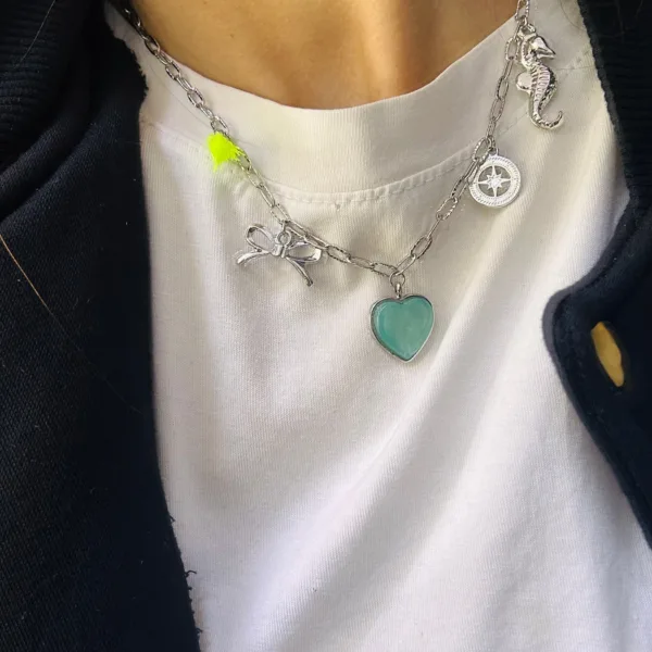 Çelik Mint Yeşili Kalp Neon Charmlı Kolye