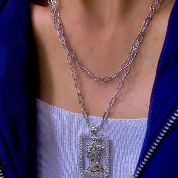 Çelik Gümüş Renk 2 li Taşlı Çerçeve Kalın Kolye