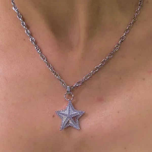 Çelik Gümüş Renk Kalın Yıldız Kolye