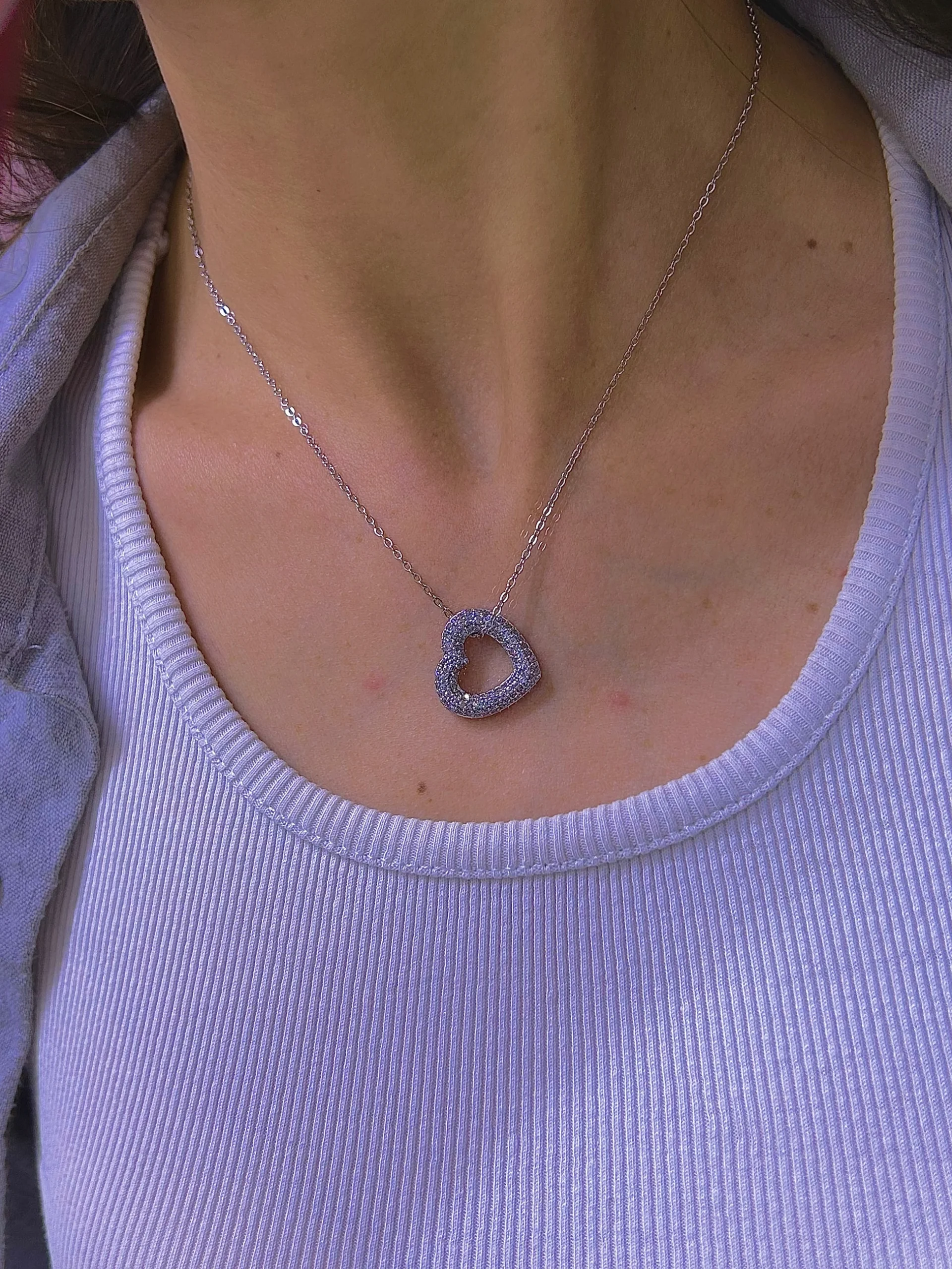 image_1950 Çelik Gümüş Renk Ful Taş Geçmeli Kalp Kolye - Görsel 1