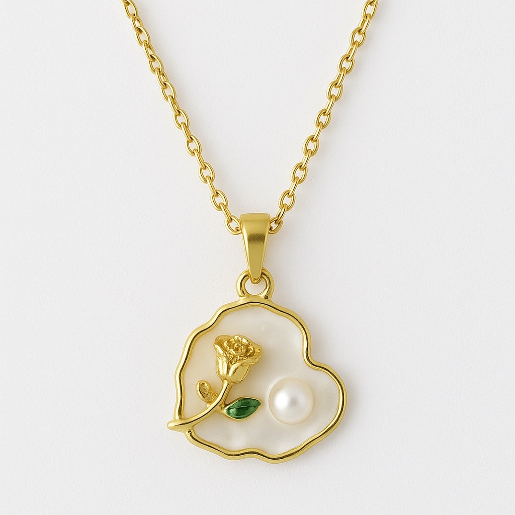 image_1950 Çelik Beyaz Kalp Vintage Çiçek Kolye - Görsel 1