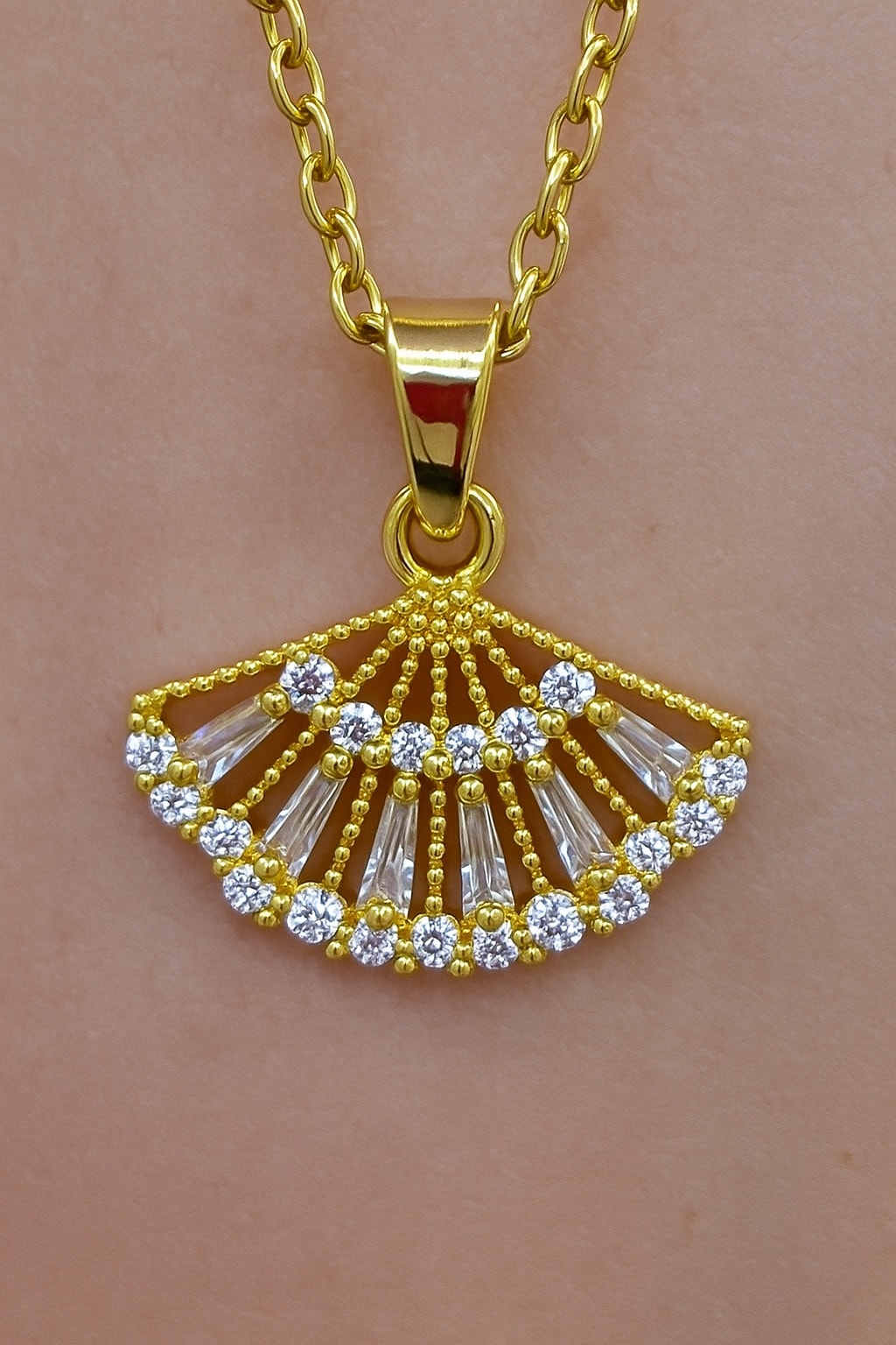 image_1950 Çelik Baget Taşlı Mini Yelpaze Kolye - Görsel 1