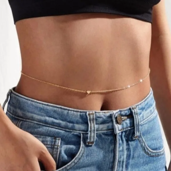 Küçük Kalp Figürlü Altın Renk Bel Zinciri ve Bel Kolyesi
