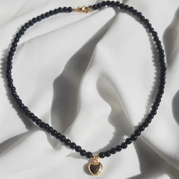 Kadın Siyah İncili Altın Kaplama Kalp Sevgi Kolye