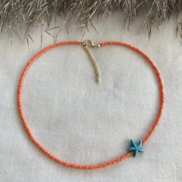 Turuncu Boncuk Ve Mavi Deniz Yıldız Uçlu Kolye