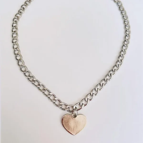 Kadın Gümüş Renk Kalın Ezme Zincir Büyük Kalp Kolye