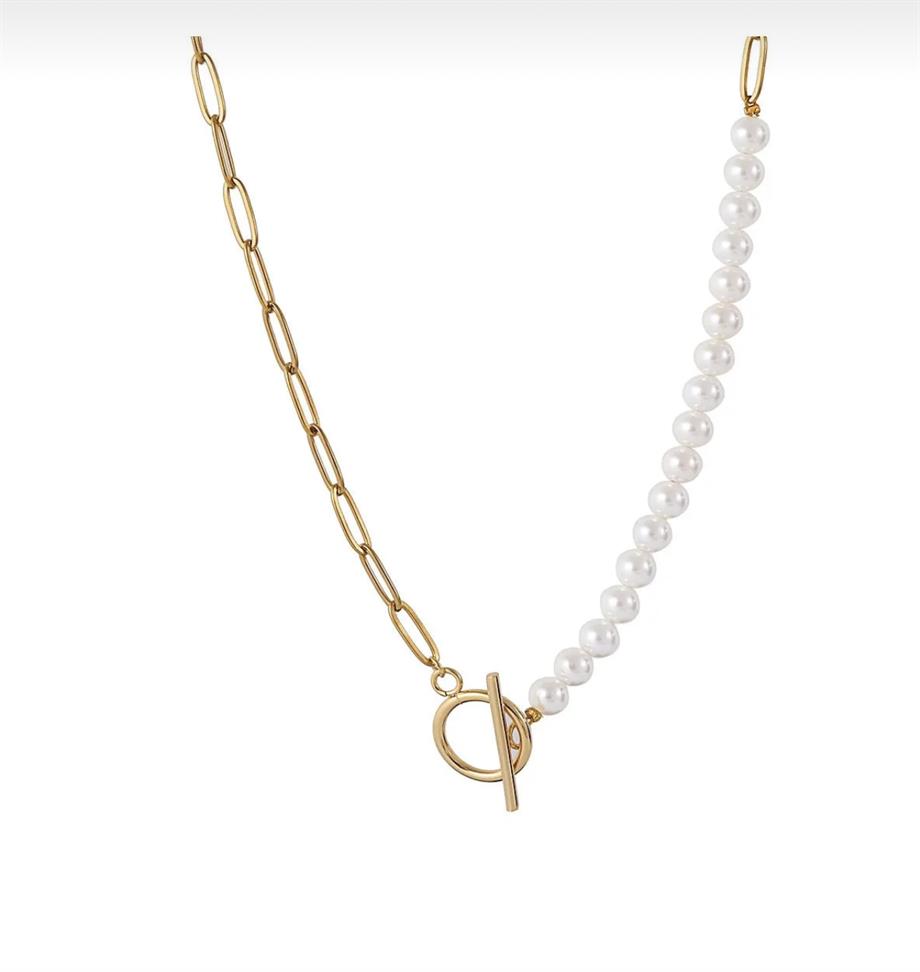 Kadın T Kilitli İncili Zincir Kolye | cosibella.com.tr Kadın T Kilitli İncili Zincir Kolye - Görsel 1