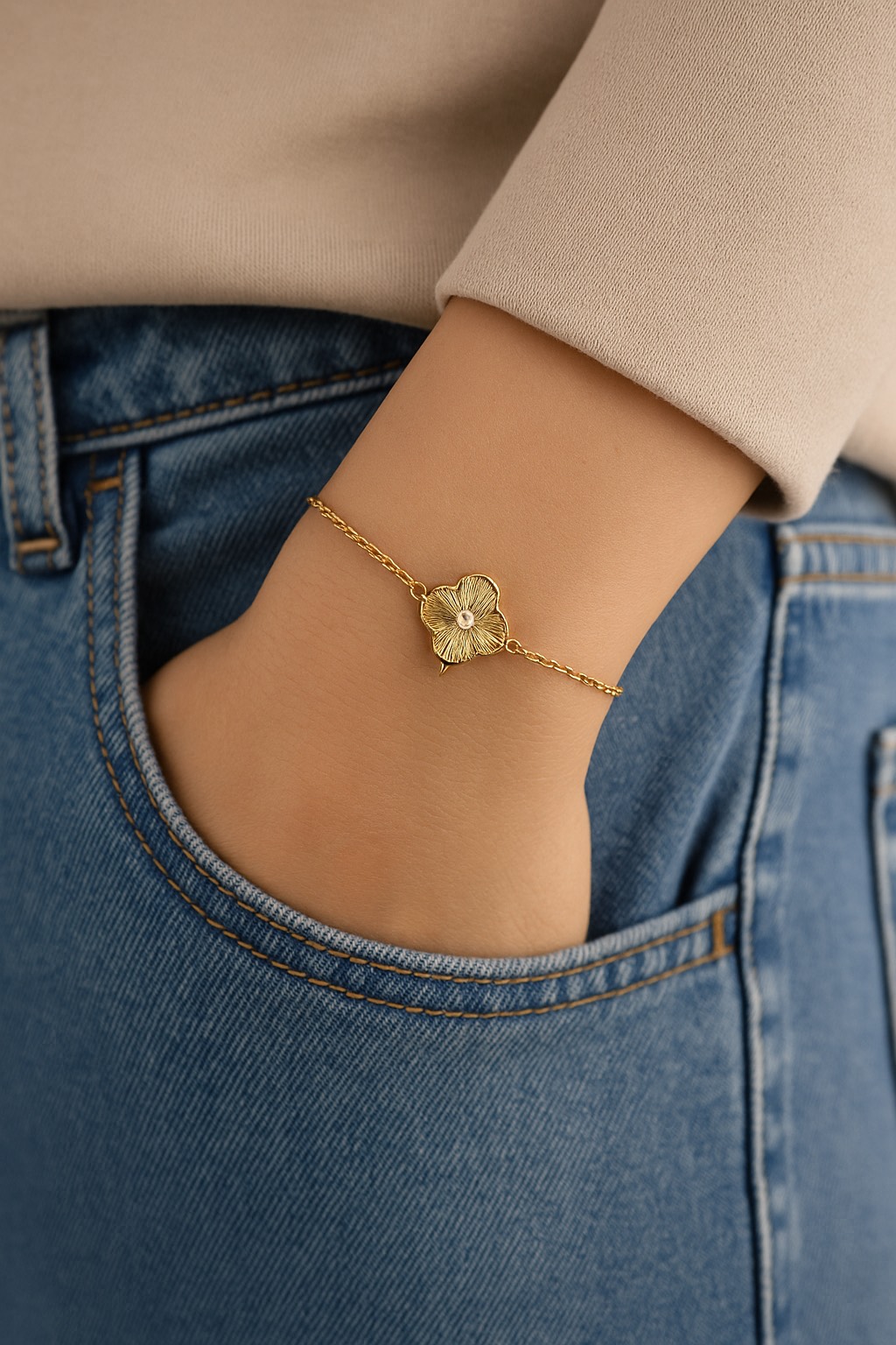 yonca bieklik Çelik Tek Taşlı Yonca Zarif Bileklik - Görsel 1