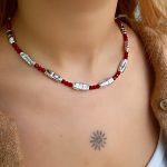 Vip Bordo Kristal Gümüş Kemik Kolye