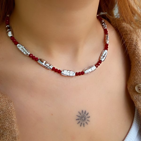 Vip Bordo Kristal Gümüş Kemik Kolye