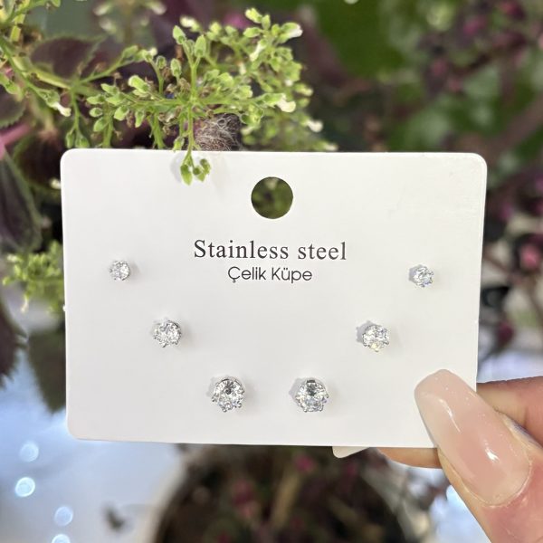 Çelik Zirkon Çoklu Küpe Gümüş Renk